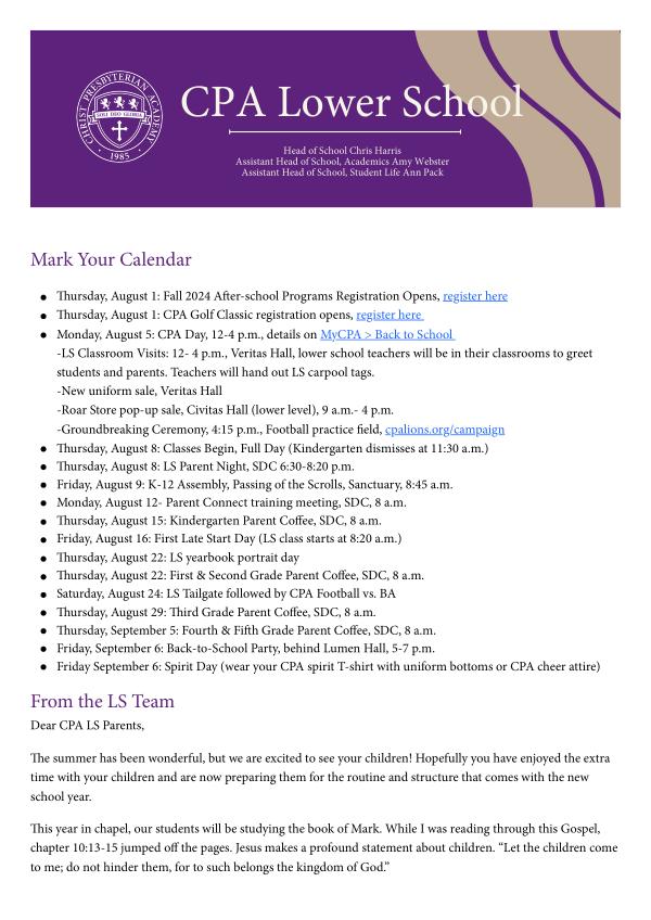 Lower School Newsletter August 2024 LS Newsletter Aug. 24