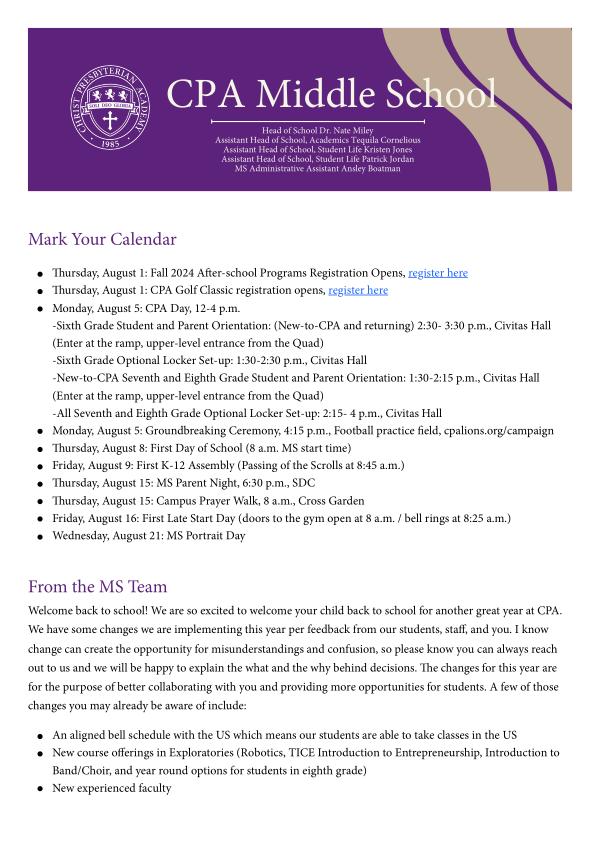 Middle School Newsletter August 2024 MS Newsletter Aug. 24