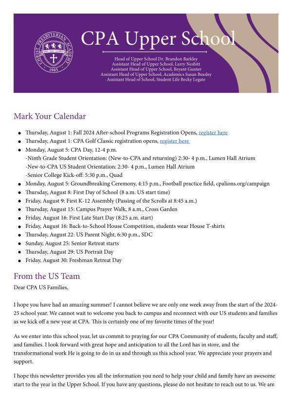 Upper School Newsletter August 2024 US Newsletter Aug. 24