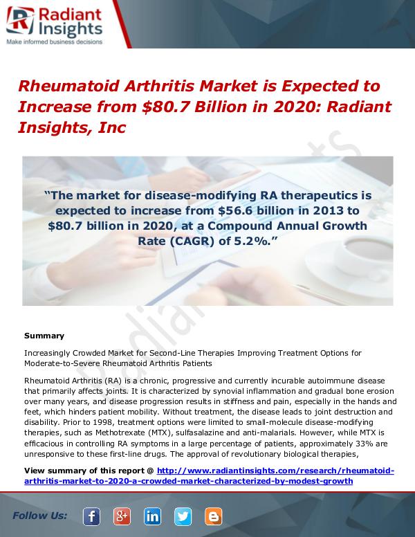 Rheumatoid Arthritis Market is Expected to Increase from $80.7 Rheumatoid Arthritis Market 2020