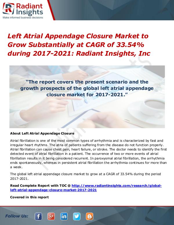 Left Atrial Appendage Closure Market to Grow Substantially at CAGR Left Atrial Appendage Closure Market 2017-2021