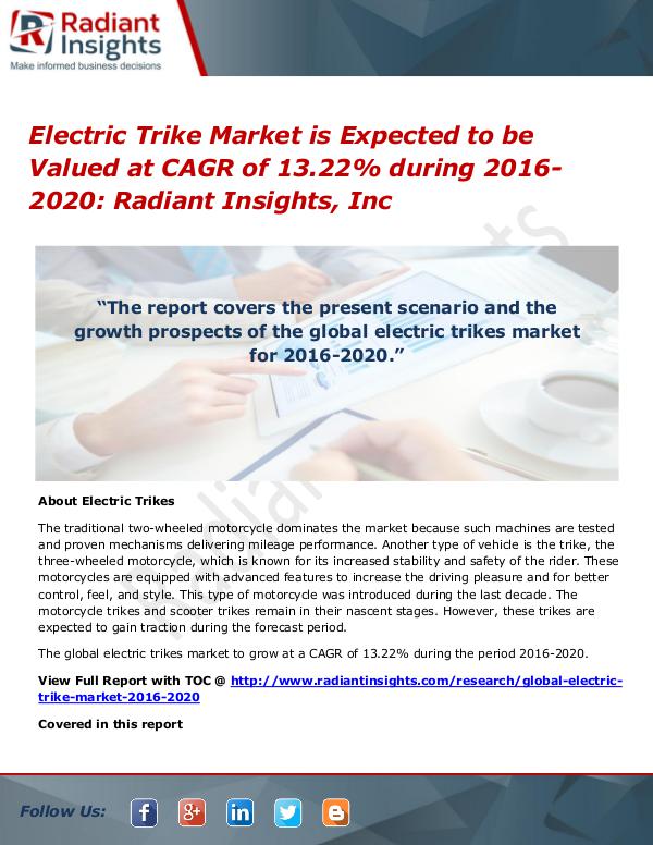 Electric Trike Market is Expected to Be Valued at CAGR of 13.22% Electric Trike Market 2016-2020