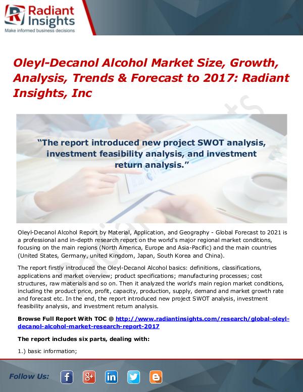 Oleyl-Decanol Alcohol Market Size, Growth, Analysis, Trends 2017 Oleyl-Decanol Alcohol Market Size, Growth 2017