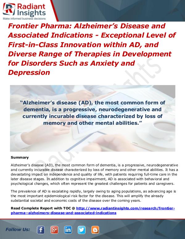 Frontier Pharma Alzheimer’s Disease and Associated Indications Frontier Pharma Alzheimer’s Disease and Associated