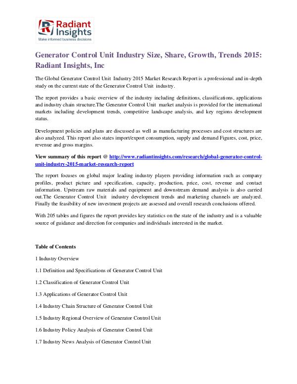 Generator Control Unit Industry Size, Share, Growth, Trends 2015 Generator Control Unit Industry