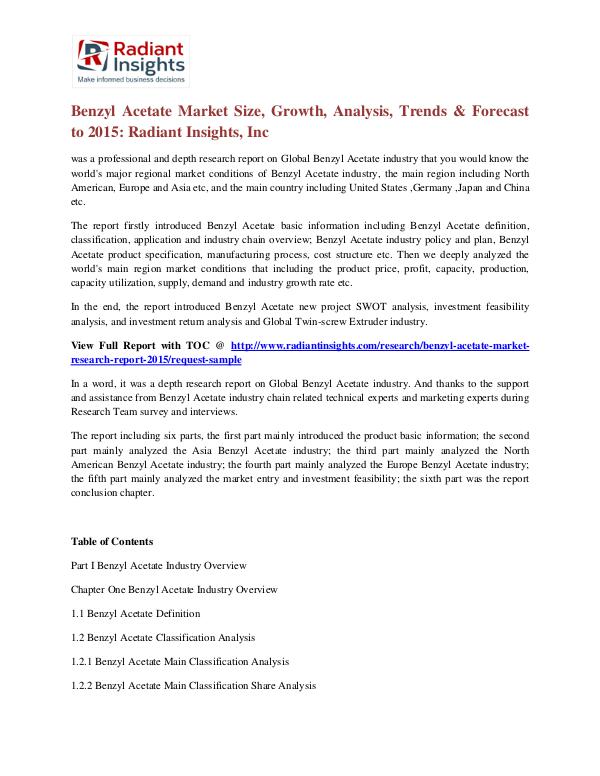 Benzyl Acetate Market Size, Growth, Analysis, Trends & Forecast 2015 Benzyl Acetate Market 2015