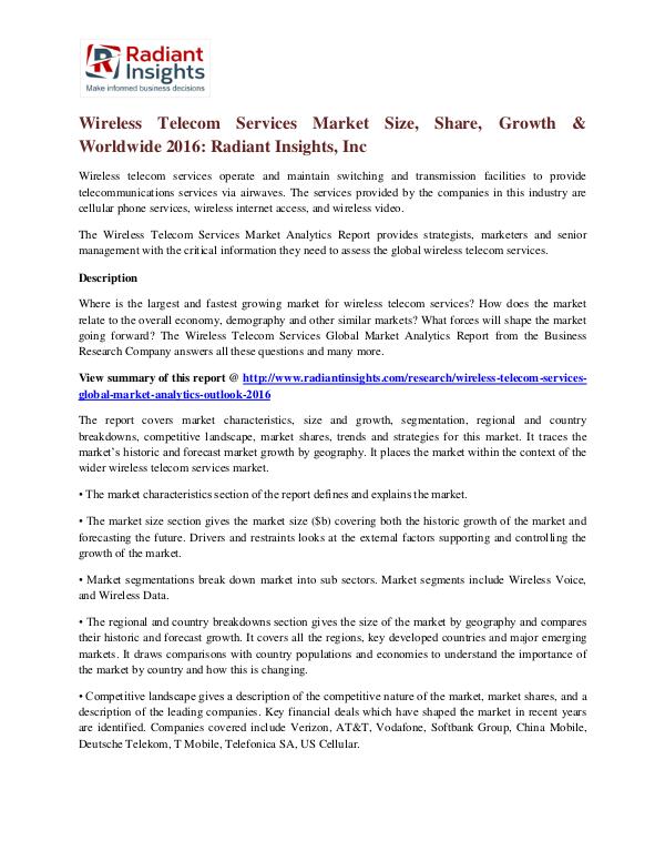 Wireless Telecom Services Market Size, Share, Growth & Worldwide 2016 Wireless Telecom Services Market 2016