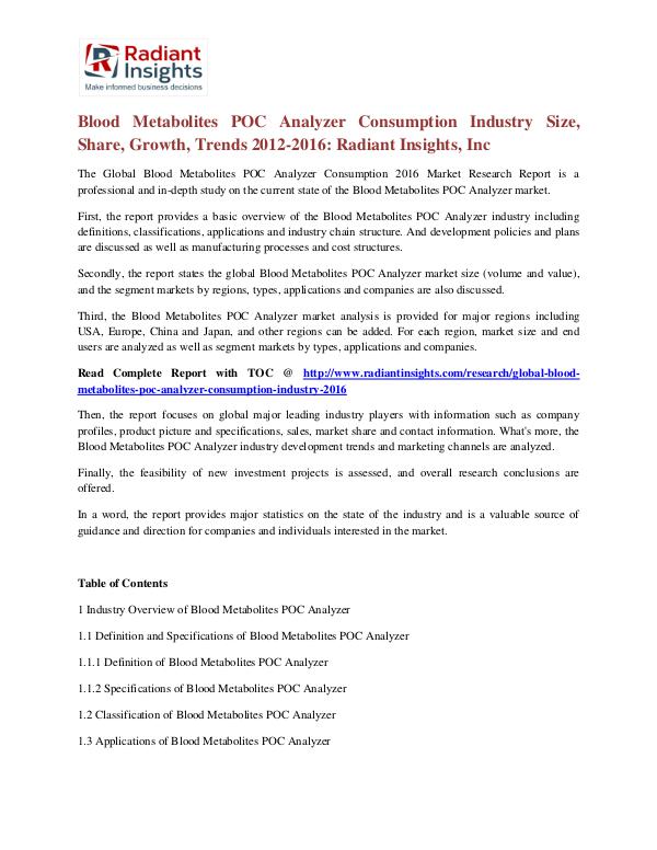 Blood Metabolites POC Analyzer Consumption Industry Size, Share 2016 Blood Metabolites POC Analyzer Consumption Industr