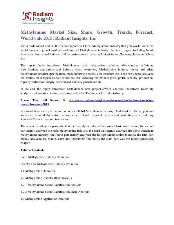 Methylamine Market Size, Share, Growth, Trends, Forecast, 2015 Methylamine Market 2015