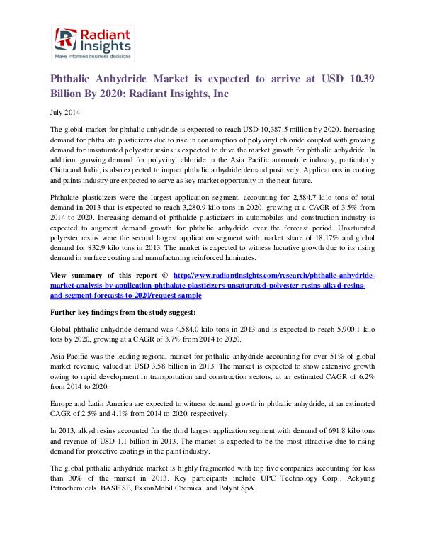 Phthalic Anhydride Market is Expected to Arrive at USD 10.39 Billion Phthalic Anhydride Market 2020