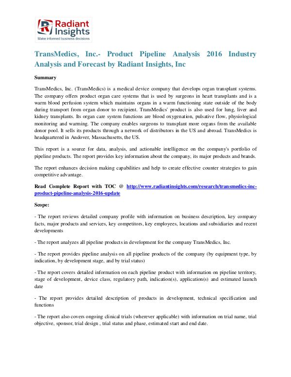 TransMedics, Inc.- Product Pipeline Analysis 2016 TransMedics, Inc.- Product Pipeline Analysis 2016