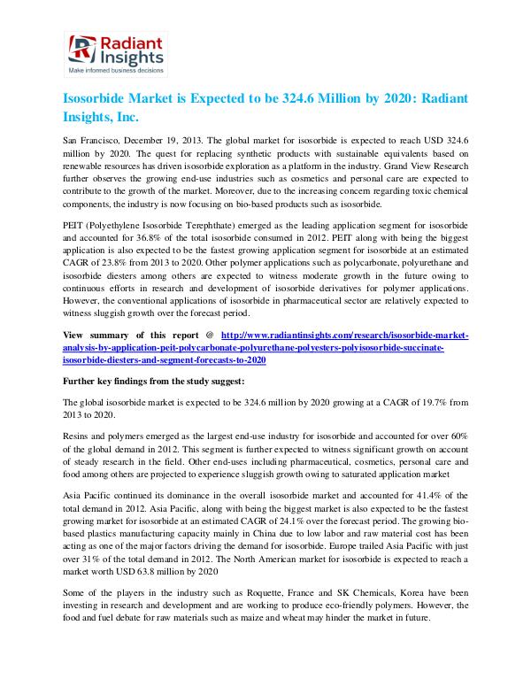 Isosorbide Market is Expected to Be 324.6 Million by 2020 Isosorbide Market 2020