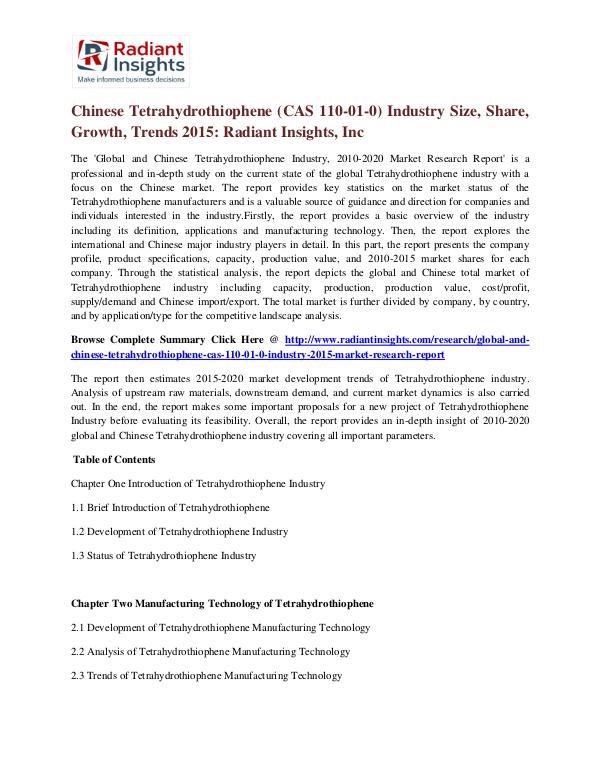 Chinese Tetrahydrothiophene (CAS 110-01-0) Industry Size, Share 2015 Tetrahydrothiophene (CAS 110-01-0) Industry 2015