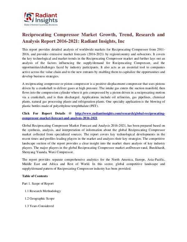 Reciprocating Compressor Market Growth, Trend, Research 2021 Reciprocating Compressor Market 2016-2021