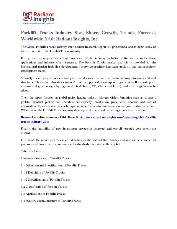 Forklift Trucks Industry Size, Share, Growth, Trends, Forecast 2016 Forklift Trucks Industry 2016