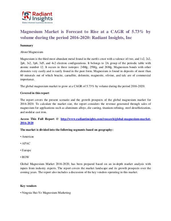 Magnesium Market is Forecast to Rise at a CAGR of 5.73% Magnesium Market 2016-2020