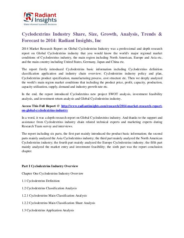 Cyclodextrins Industry Share, Size, Growth, Analysis, Trends 2014 Cyclodextrins Industry 2014