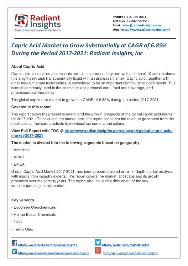 Capric Acid Market to Grow Substantially at CAGR of 6.85% Capric Acid Market  2017-2021