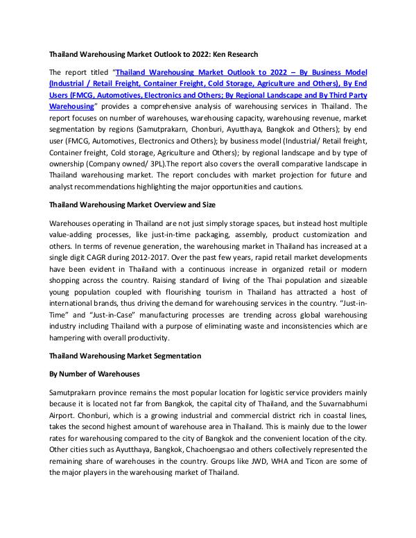 Thailand Warehousing Market Outlook to 2022