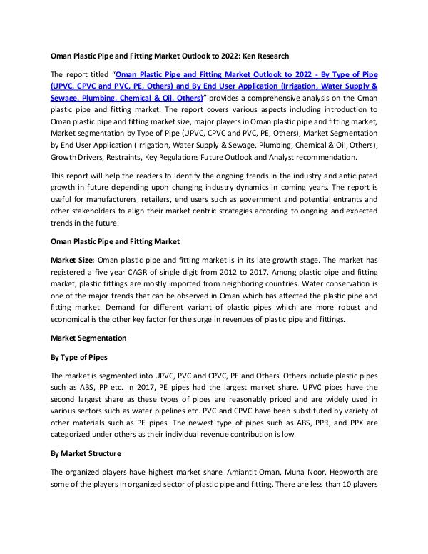 Oman Plastic Pipe and Fitting Market Outlook