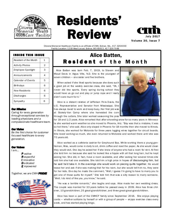 CMHCF Residents' Review July 2017