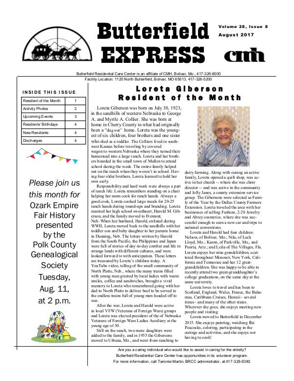 Butterfield Residential Care Center's Butterfield Express August 2017