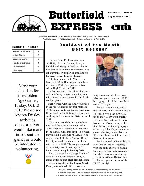 Butterfield Residential Care Center's Butterfield Express September 2017