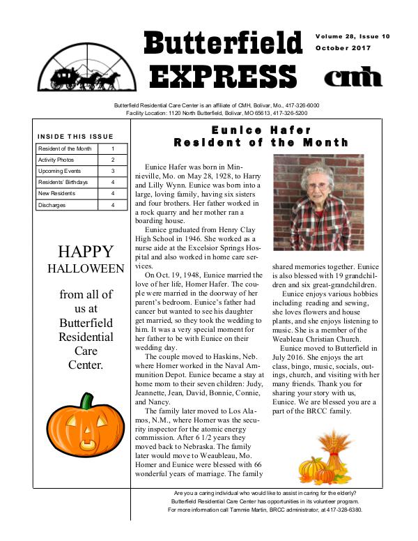 Butterfield Residential Care Center's Butterfield Express October 2017