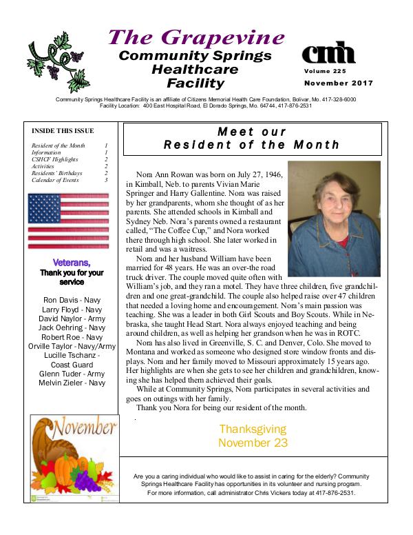 Community Springs Healthcare Facility's The Grapevine November 2017