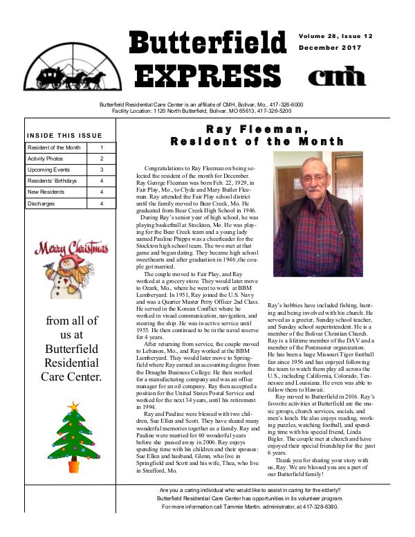 Butterfield Residential Care Center's Butterfield Express December 2017