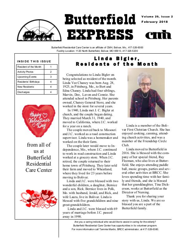 Butterfield Residential Care Center's Butterfield Express February 2018