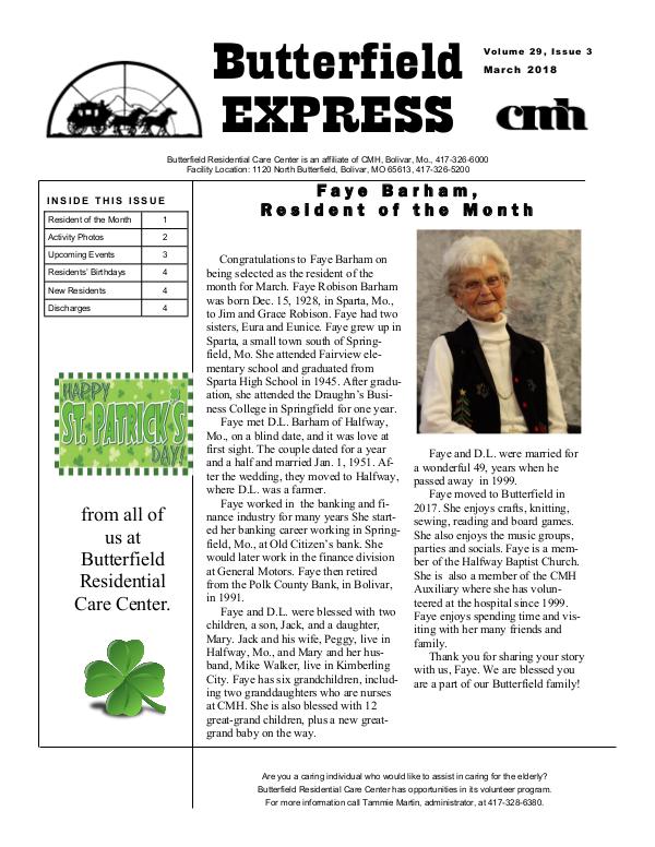 Butterfield Residential Care Center's Butterfield Express March 2018