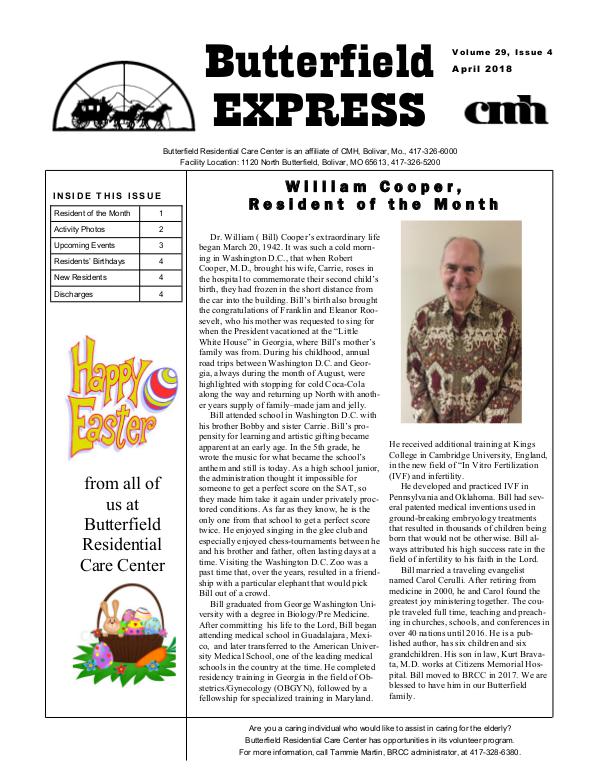 Butterfield Residential Care Center's Butterfield Express April 2018