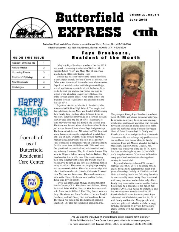 Butterfield Residential Care Center's Butterfield Express June 2018