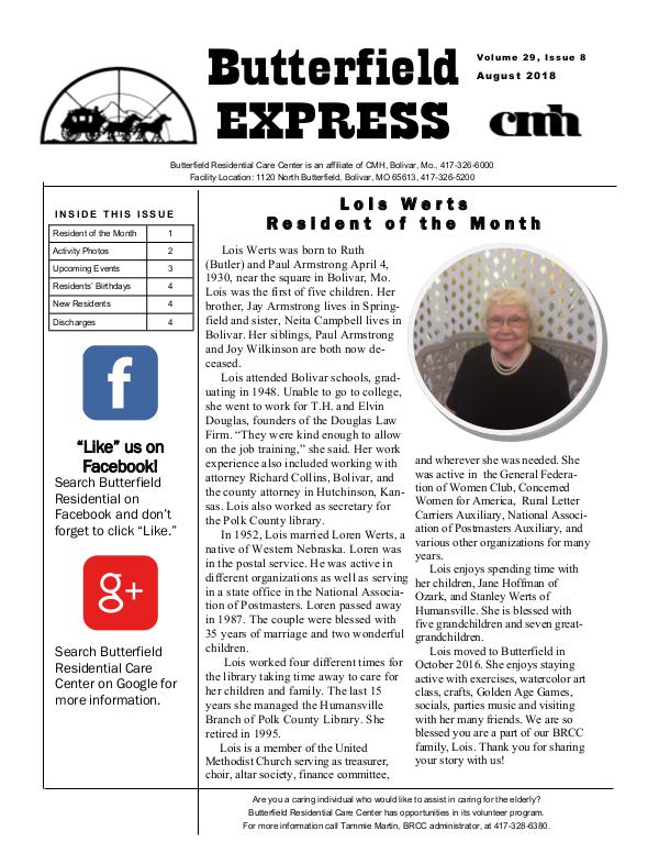 Butterfield Residential Care Center's Butterfield Express August 2018