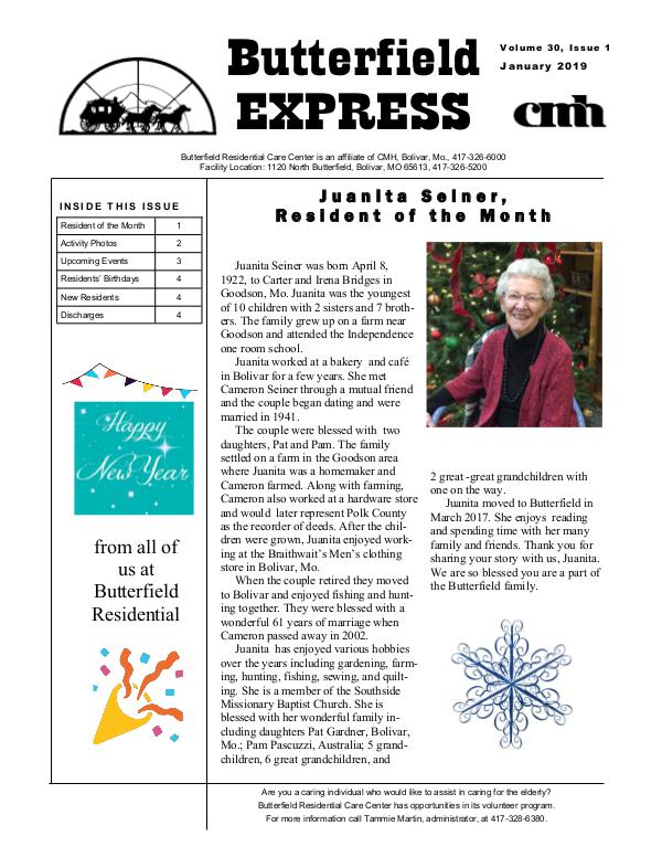 Butterfield Residential Care Center's Butterfield Express January 2019