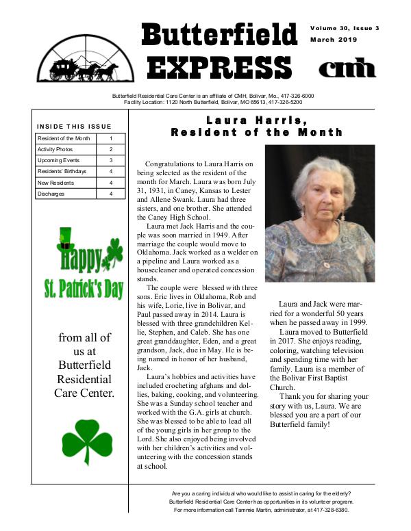 Butterfield Residential Care Center's Butterfield Express March 2019