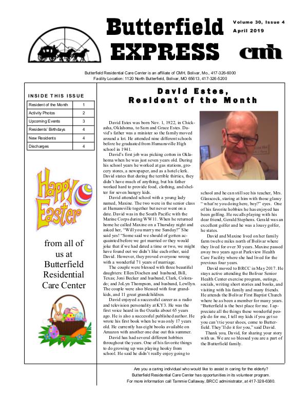 Butterfield Residential Care Center's Butterfield Express April 2019