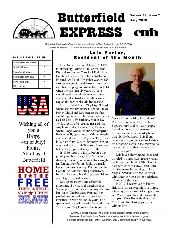 Butterfield Residential Care Center's Butterfield Express July 2019