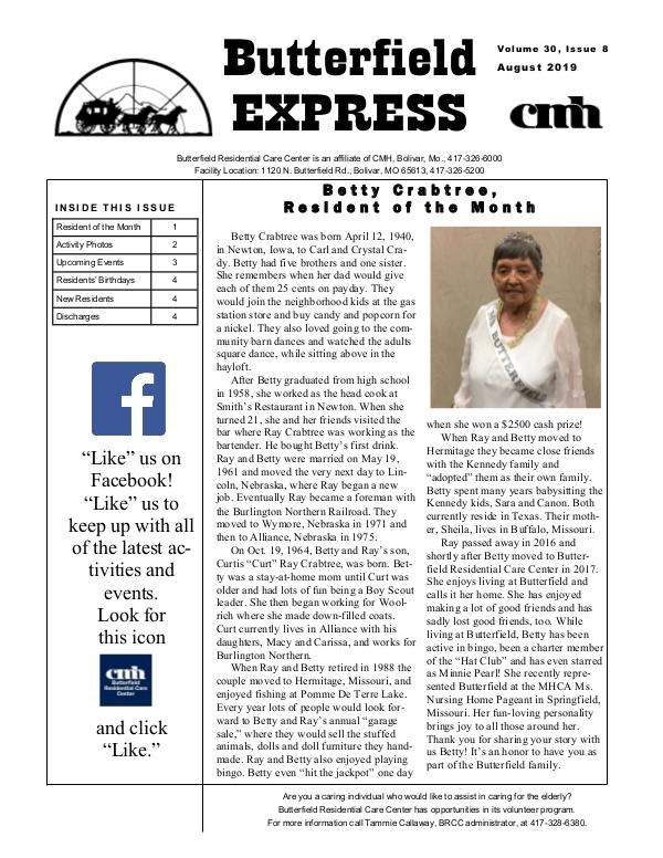 Butterfield Residential Care Center's Butterfield Express August 2019