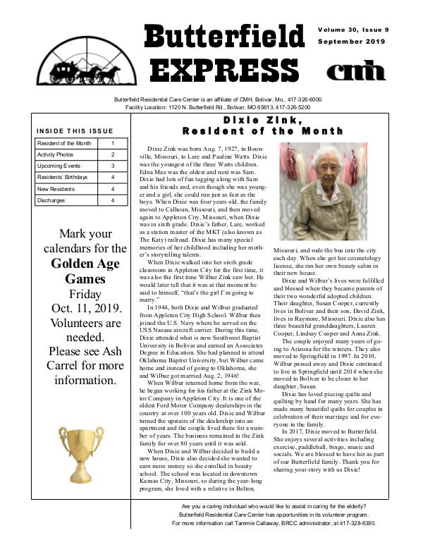 Butterfield Residential Care Center's Butterfield Express September 2019