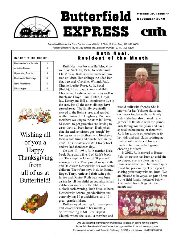 Butterfield Residential Care Center's Butterfield Express November 2019