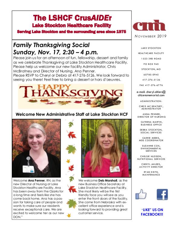 Lake Stockton Healthcare Facility eNewsletter November 2019