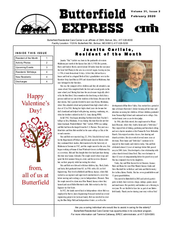 Butterfield Residential Care Center's Butterfield Express February 2020