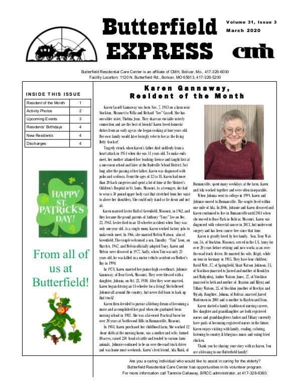 Butterfield Residential Care Center's Butterfield Express March 2020