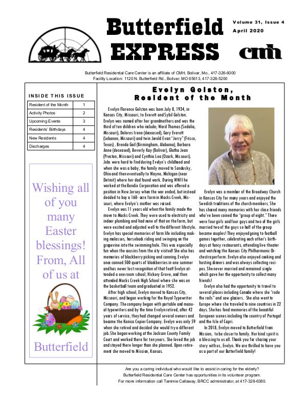 Butterfield Residential Care Center's Butterfield Express April 2020