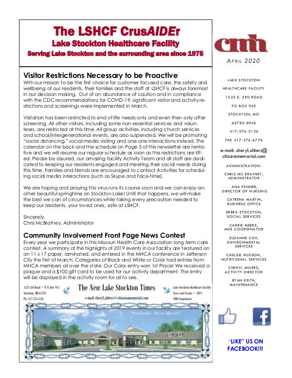 Lake Stockton Healthcare Facility eNewsletter April 2020