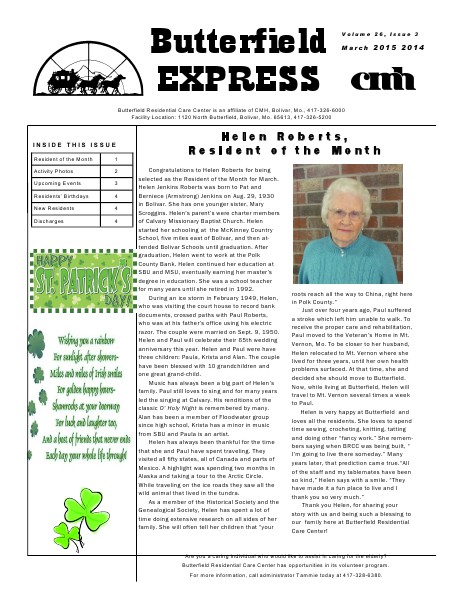 Butterfield Residential Care Center's Butterfield Express March 2015