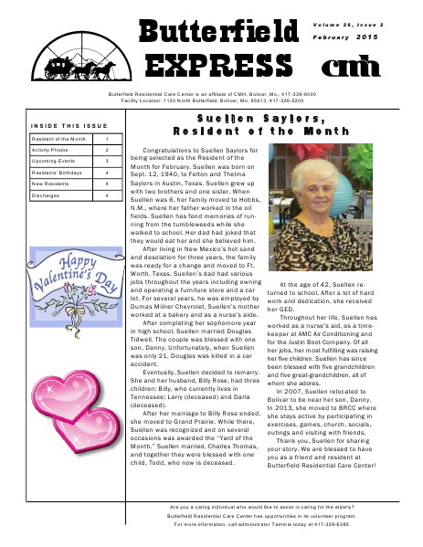 Butterfield Residential Care Center's Butterfield Express February 2015