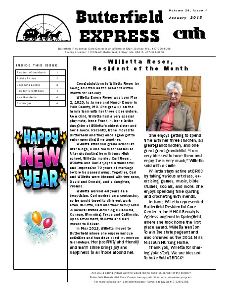 Butterfield Residential Care Center's Butterfield Express January 2015